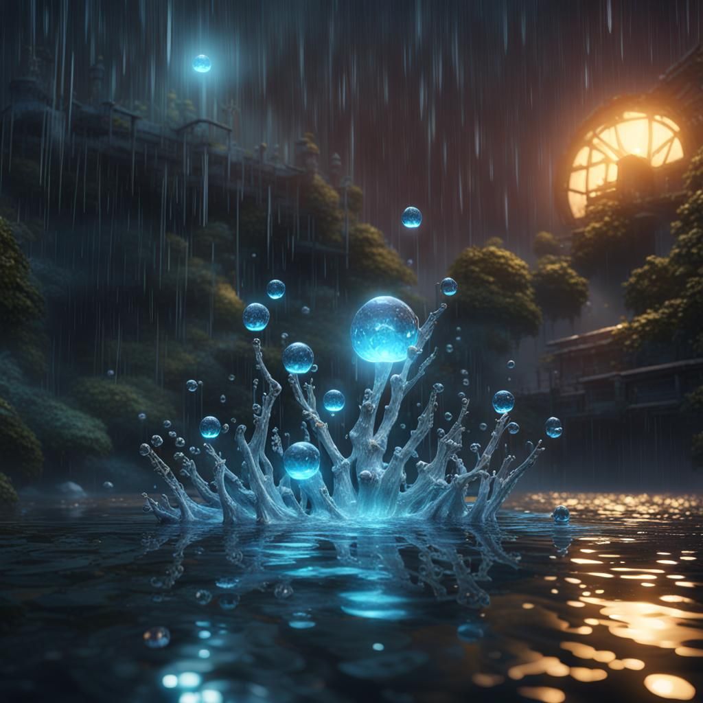 Glowing Water Droplets in Rain: 8K Realism