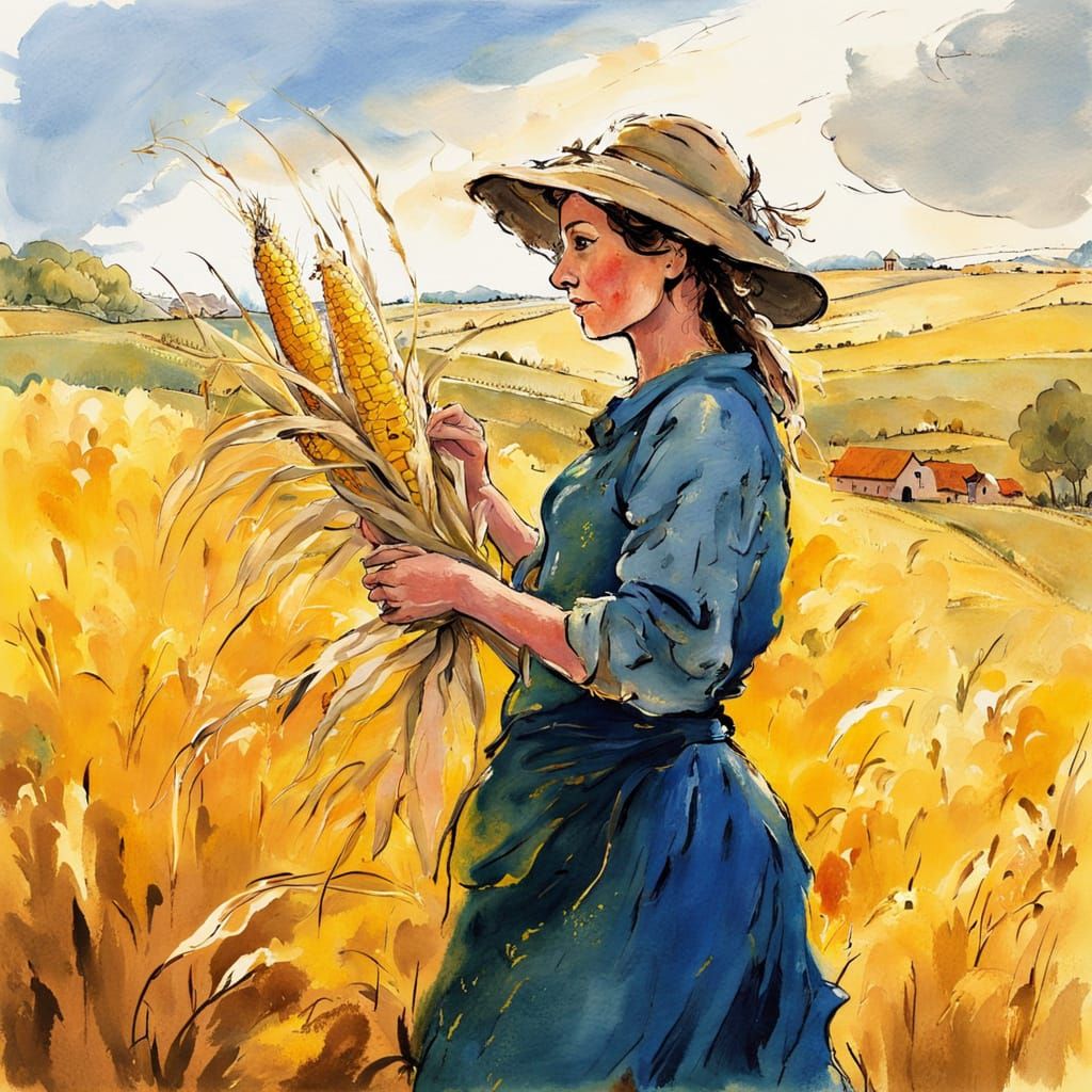 Peasant Woman Harvesting Corn in Golden Light