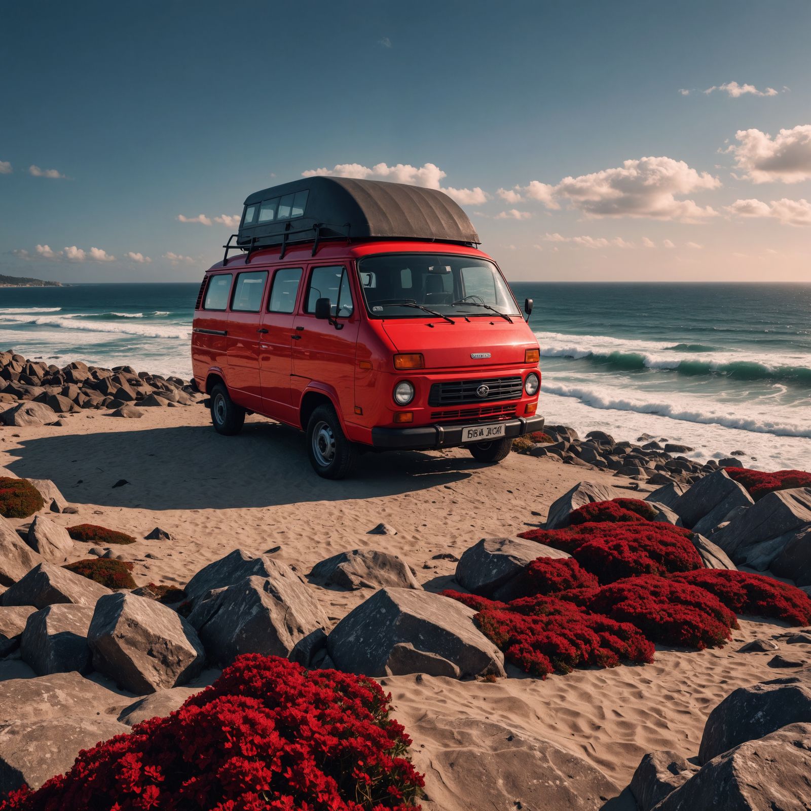 Stunning Red Van in Hyperrealistic HDR against Majestic Ocea...