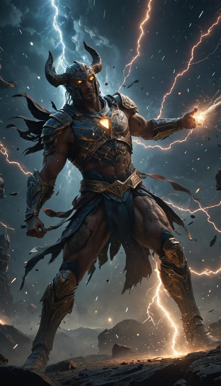 Human Warrior Battles God in Cosmic Storm: Digital Art