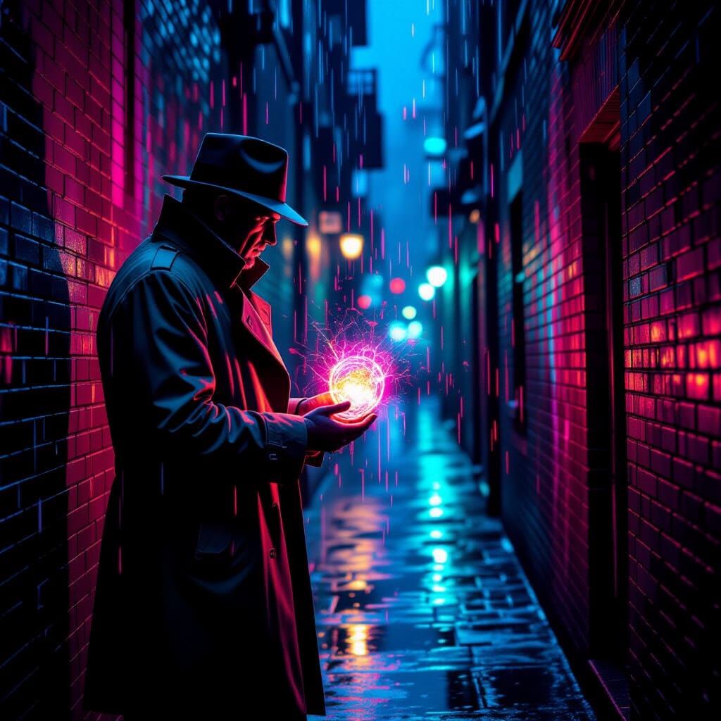 Vintage Detective Investigates Glowing Artifact in Noir Alle...