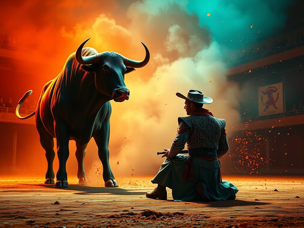 Matador Kneels Before a Furious Bull in a Vibrant Arena