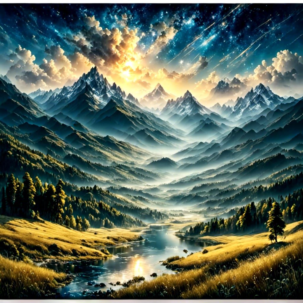 Twilight Meadow Valley Landscape in Bob Ross Style
