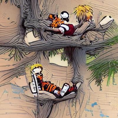 Calvin and Hobbes Relaxing in a Tree