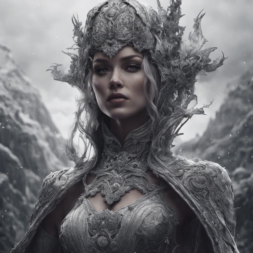 Mysterious Woman in Black and White, Detailed Matte Painting