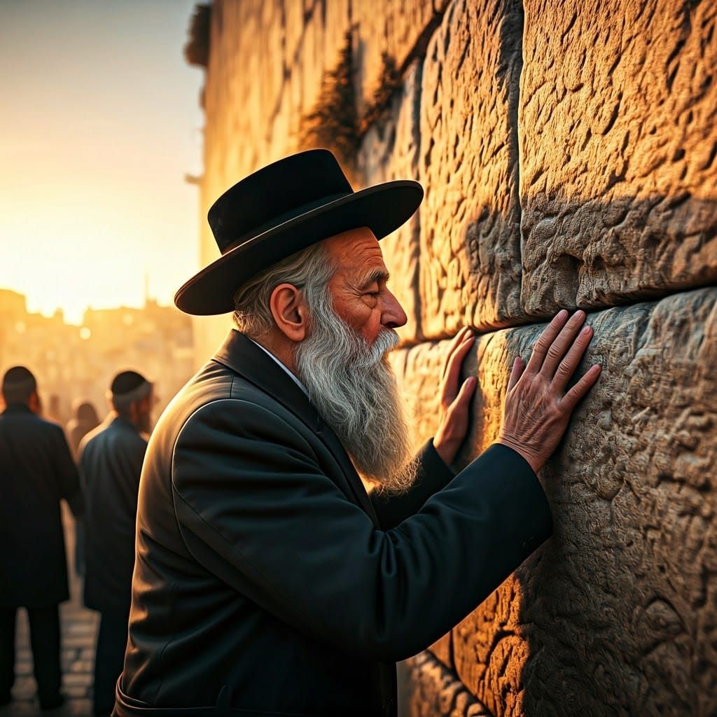 Elderly Hasidic Rabbi at Western Wall in Contemplative Rever...