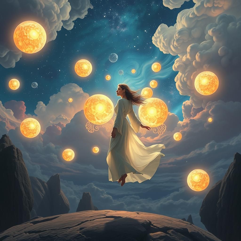 Futuristic Woman Surrounded by Ethereal Orbs