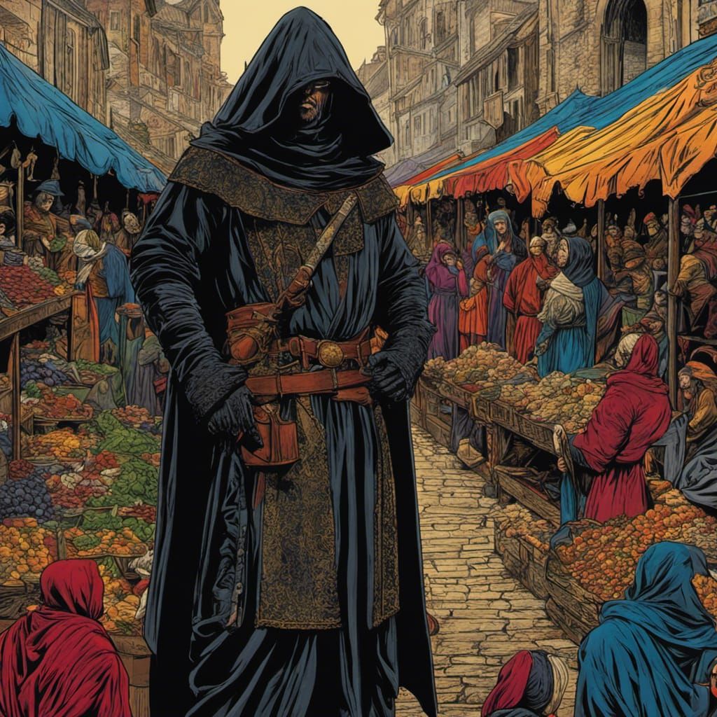 Medieval Executioner in Market, Graphic Novel Style