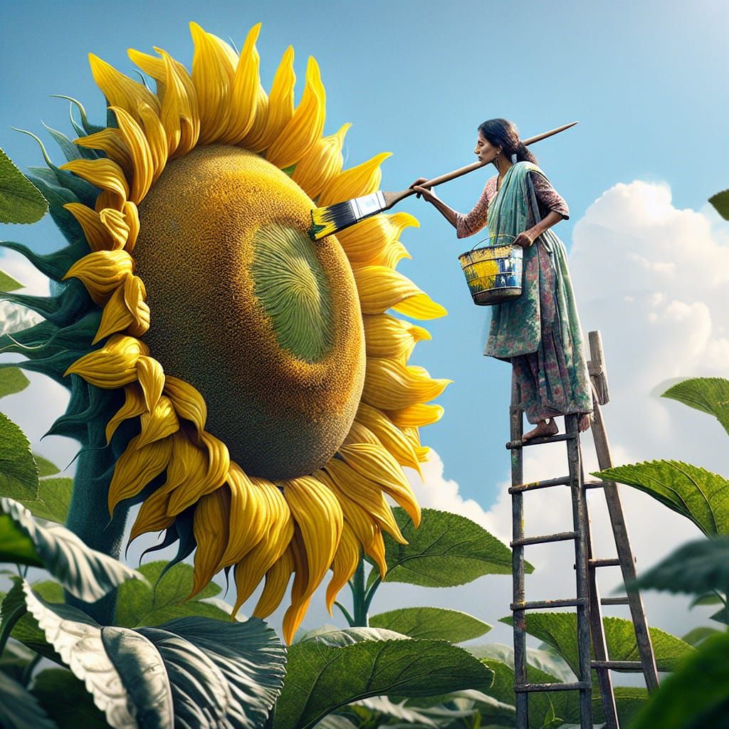 Woman Paints a Giant Sunflower in Vivid Detail