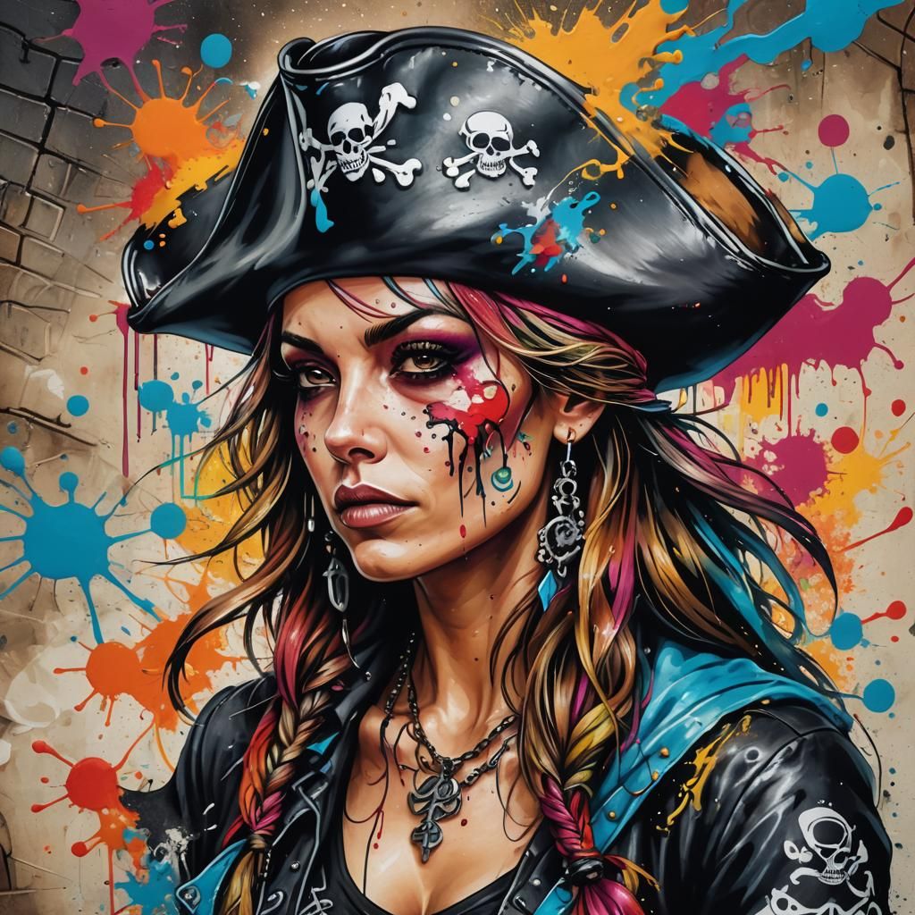Lady Pirate Portrait in Colorful Graffiti Art Style