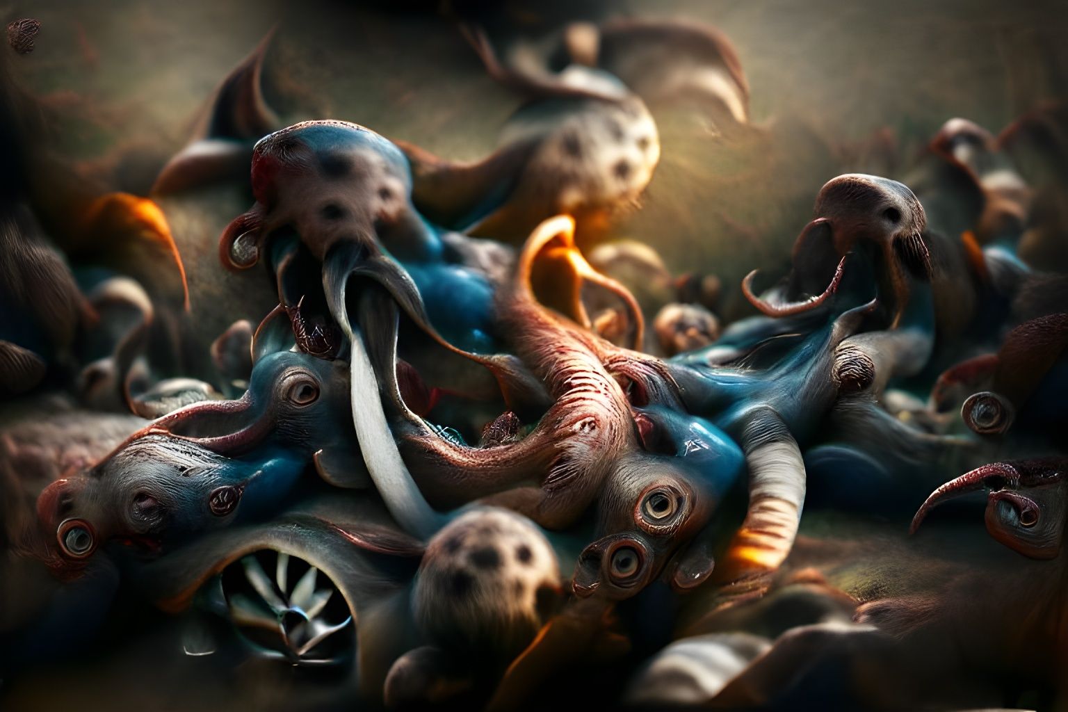 Monster Octopus Attacks Shark, Surreal Digital Illustration