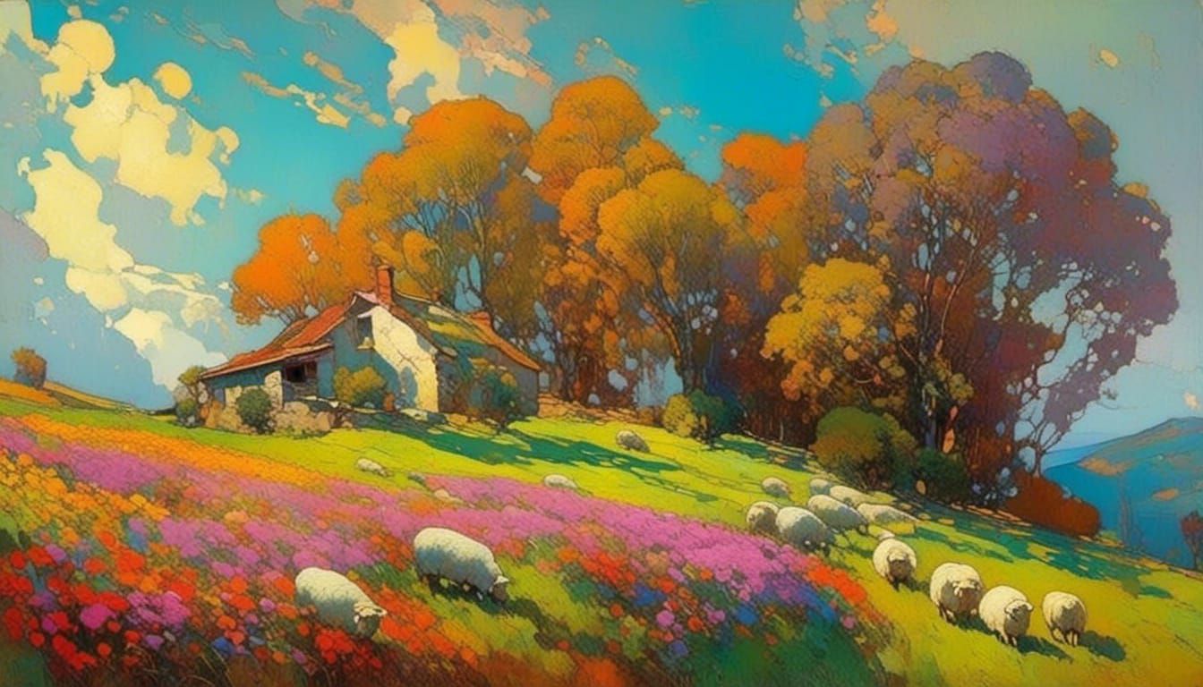 Idyllic Farmhouse Landscape as Impasto Painting