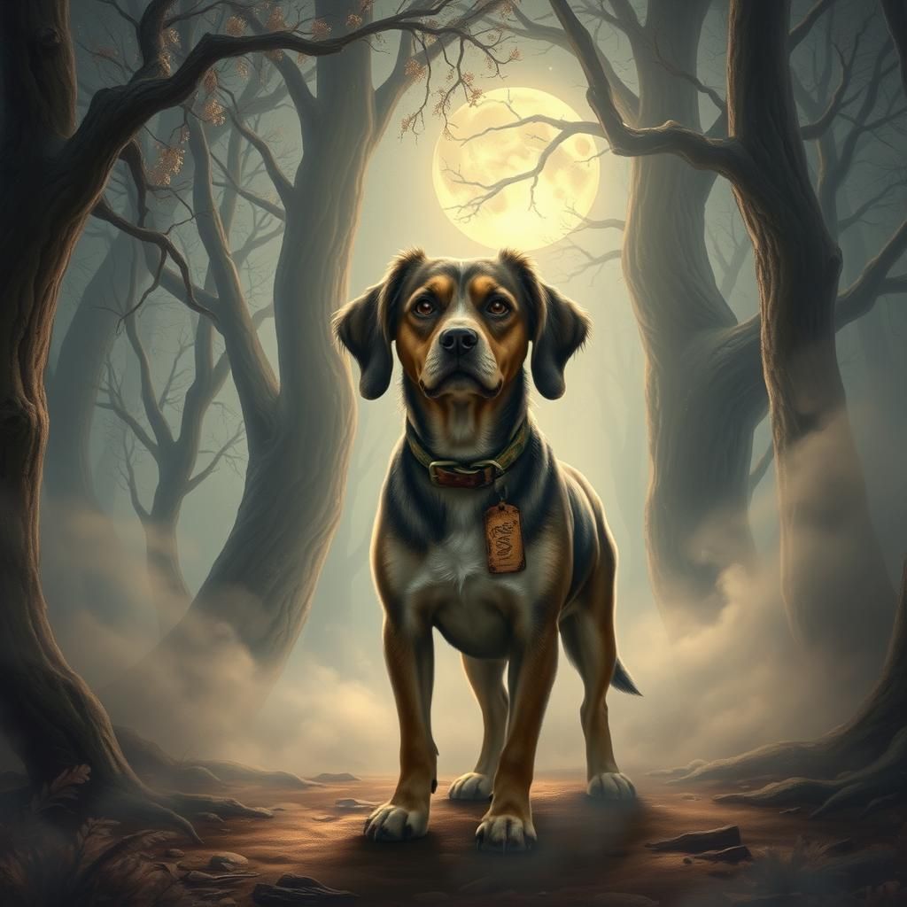 Bewildered Dog in Moonlit Forest, Whimsical Style