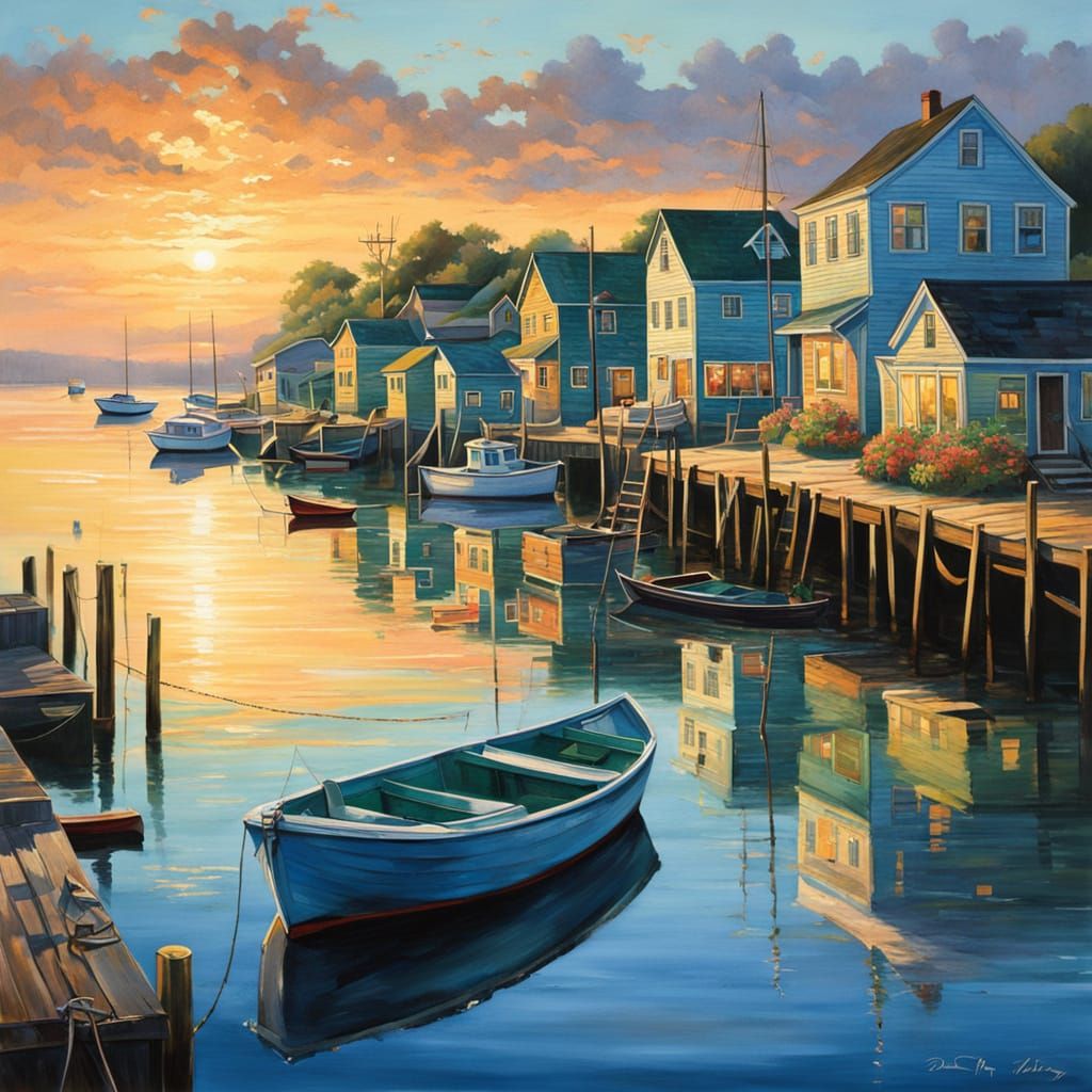at dawn a peaceful harbor comes alive under a soft sky  as t...