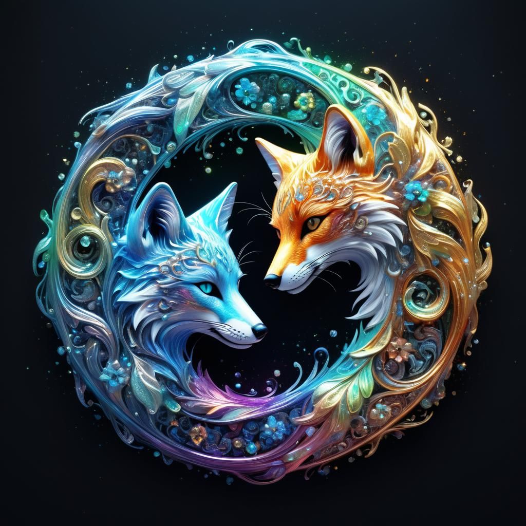 Iridescent Foxes Entwined in Yin Yang Symbol