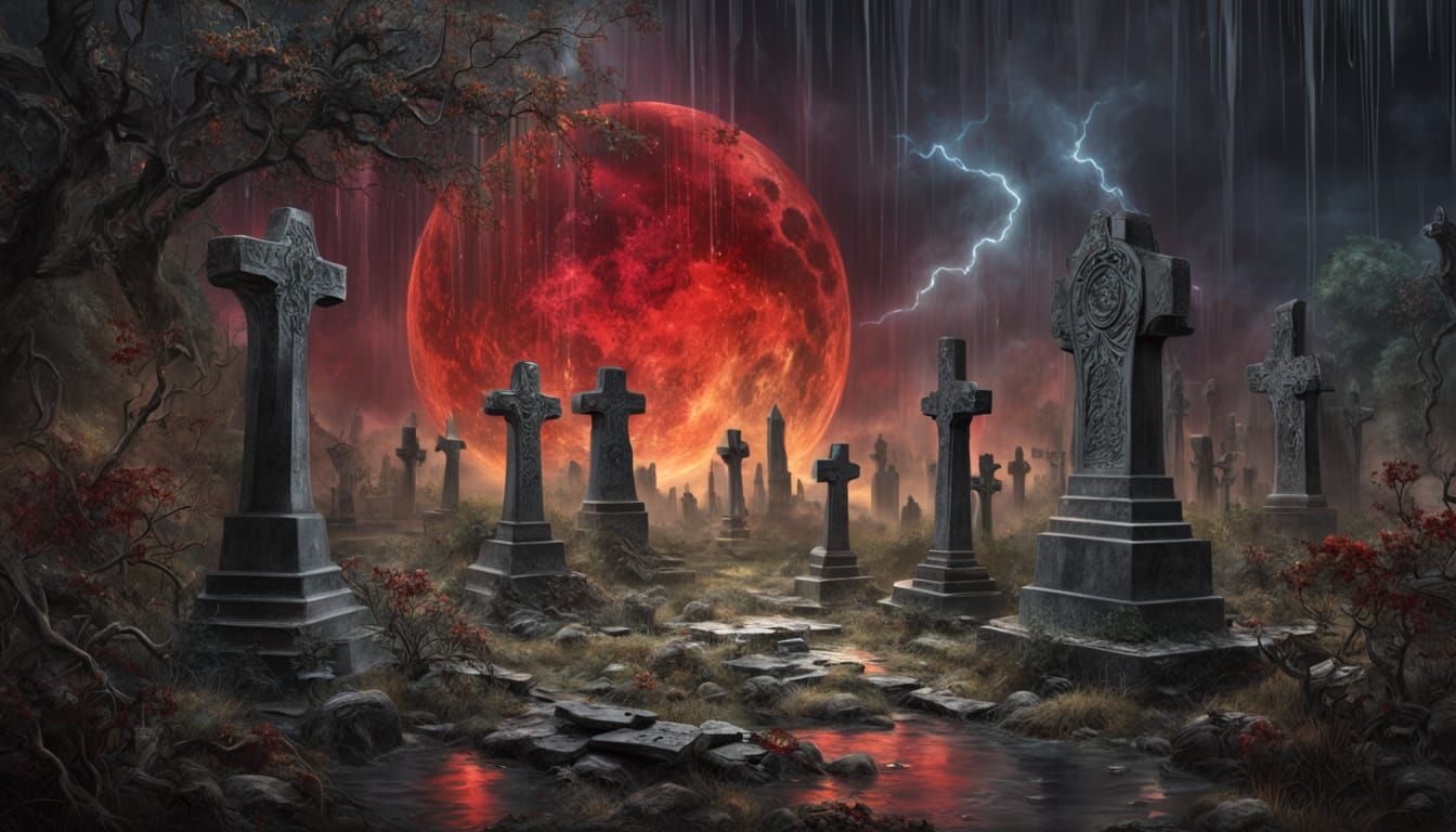 Creepy Graveyard Under Blood Moon With Trippy Artwork Style