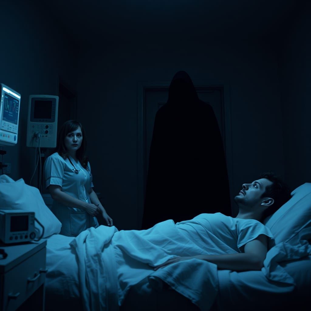 Eerie Hospital Scene with Shadow Figure