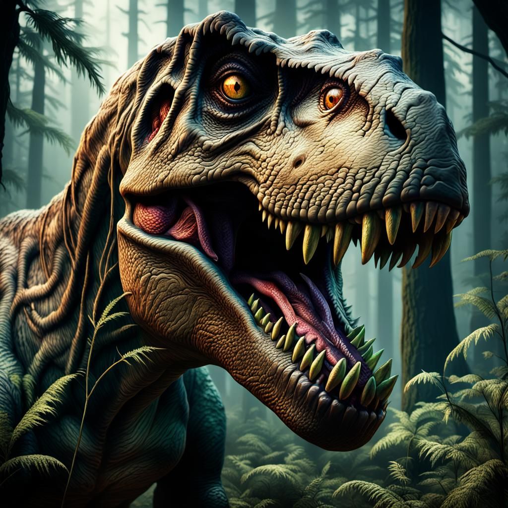 T-Rex Devouring Dinosaur in Dystopian Art Nouveau Forest