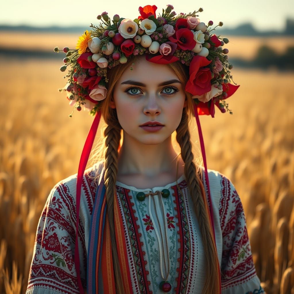 Ukrainian Woman in Floral Wreath, Golden Field