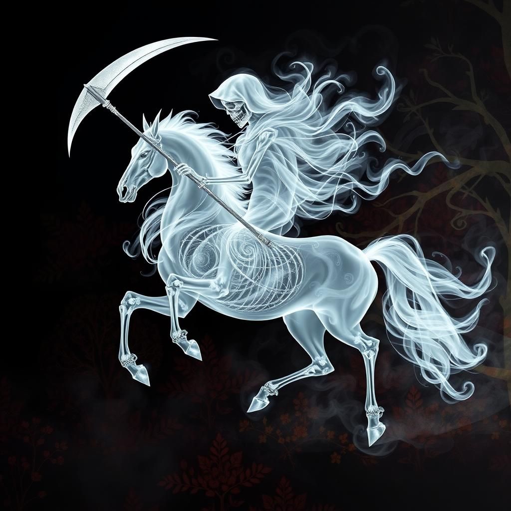 ghostly figure of a spooky centaur ,Sagittarius formed entirely out of swirling, translucent white smoke. The Grim Reape...
