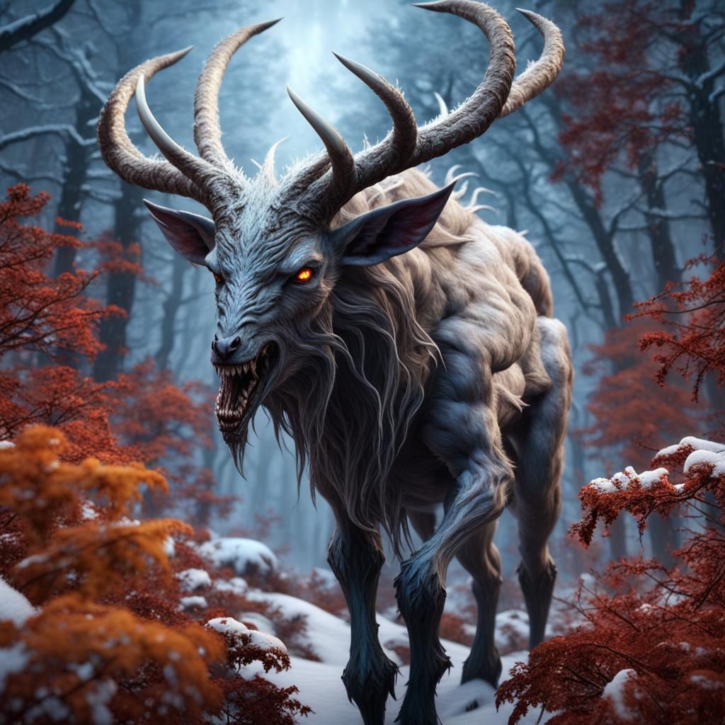 Eldritch White Wendigo in Snowy Forest