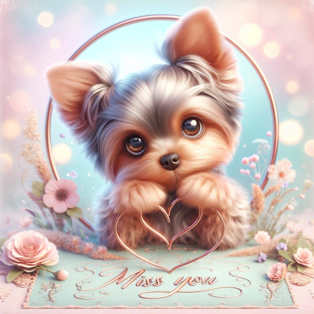Cute Teacup Yorkie Forms Heart Shape with Paws in Dreamy Pas...