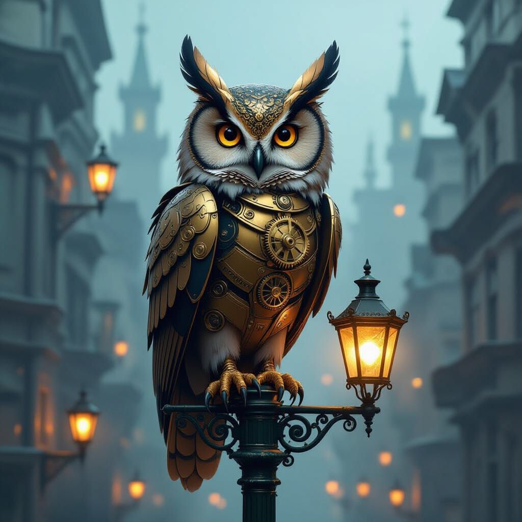 Steampunk Mechanical Owl on Victorian Lamppost