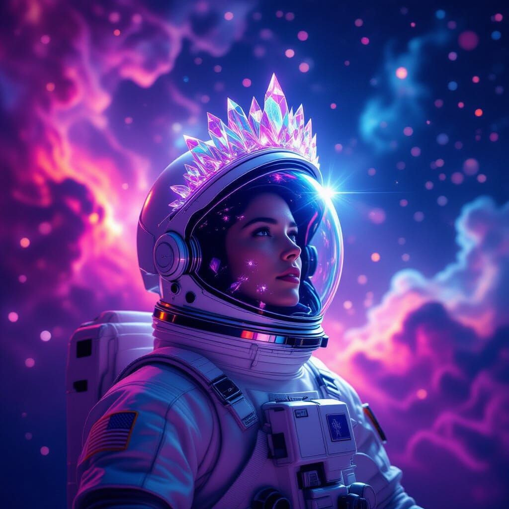Astronaut with Crystal Crown in Cosmic Nebula