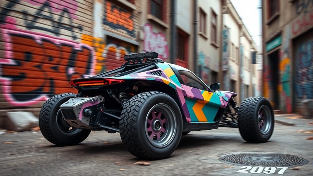 Cyberpunk Lunar Buggy in Brutalist Street