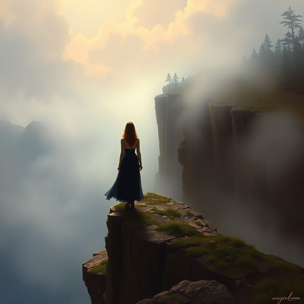 Ethereal Woman on Misty Cliff: Vertigo Inspired Art