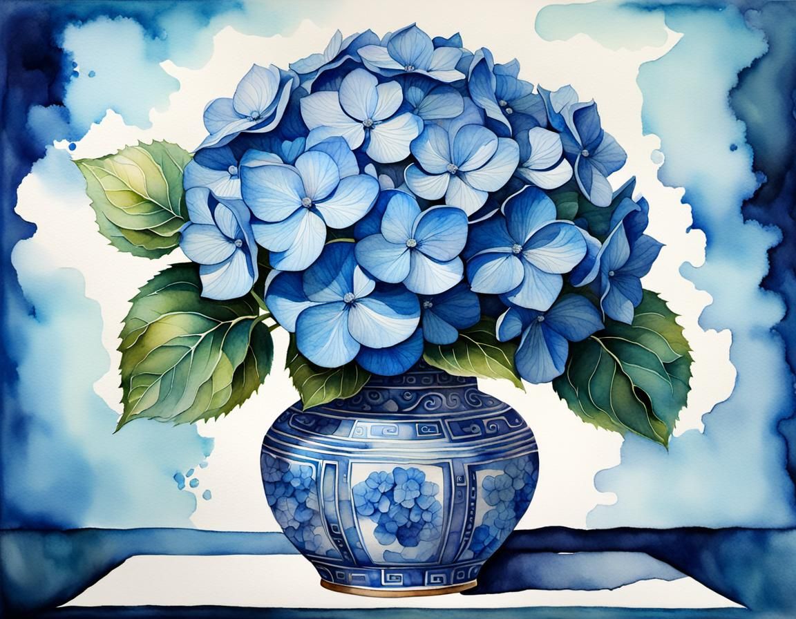 Blue Hydrangea in Vase, Watercolor with Splashes