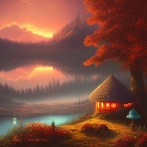 Mushroom Cottage by Lake at Sunset in Dark Fantasy Style