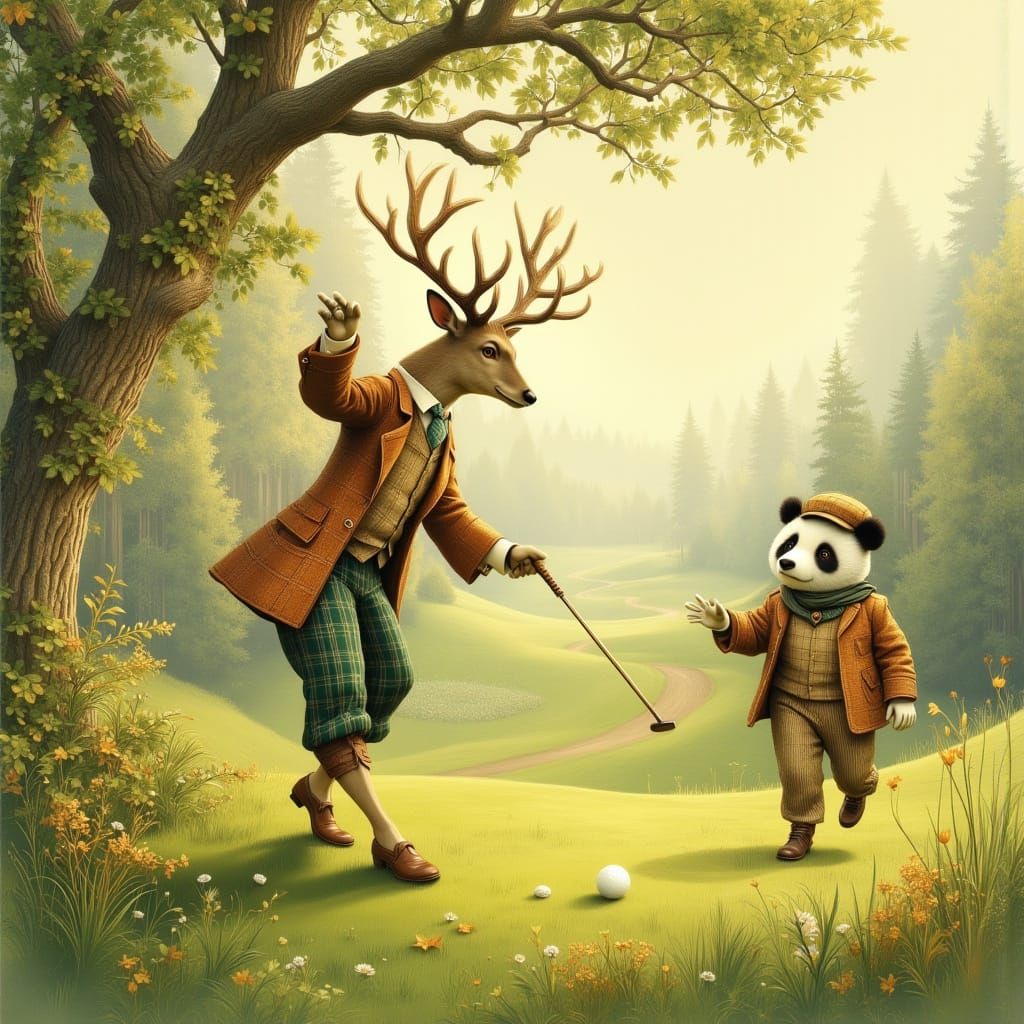Panda and Stag Golfing in Vintage Attire