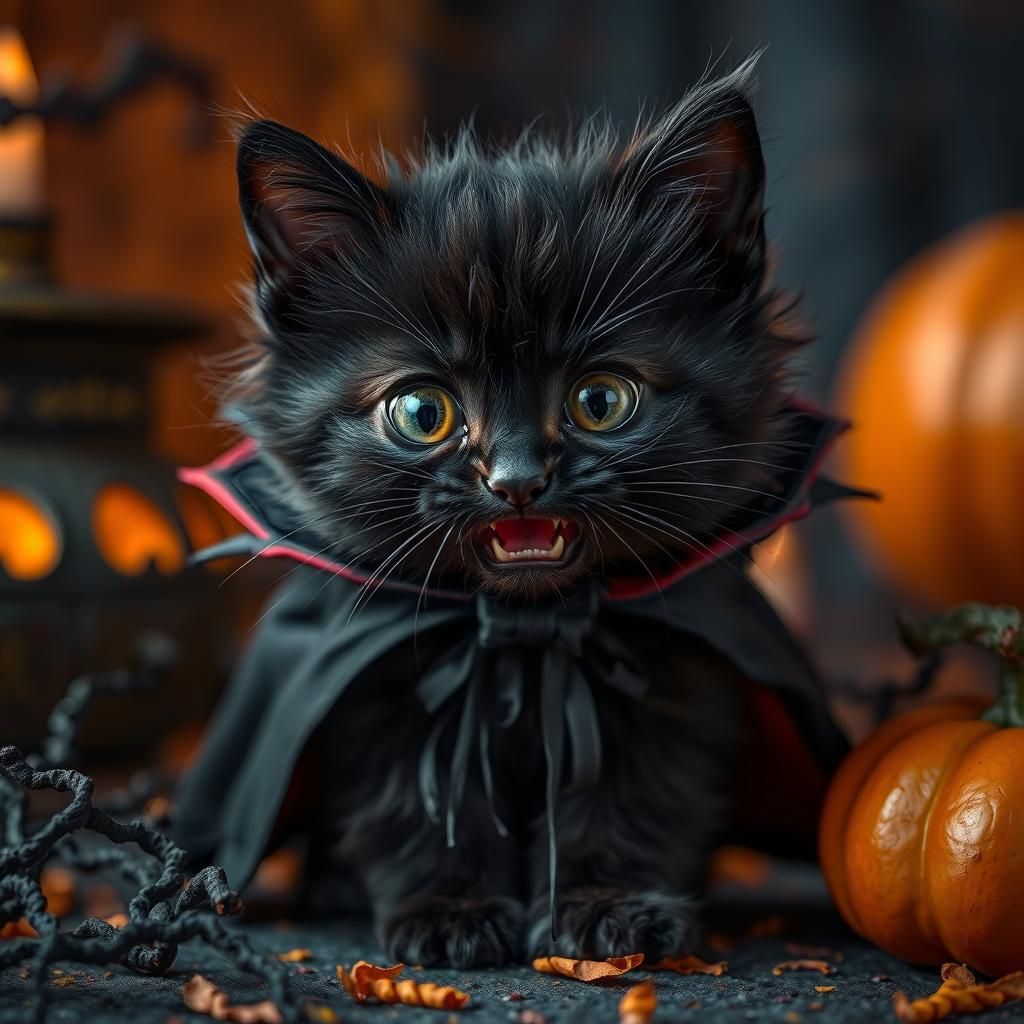 Vampire Kitten Hissing in Spooky Halloween Scene