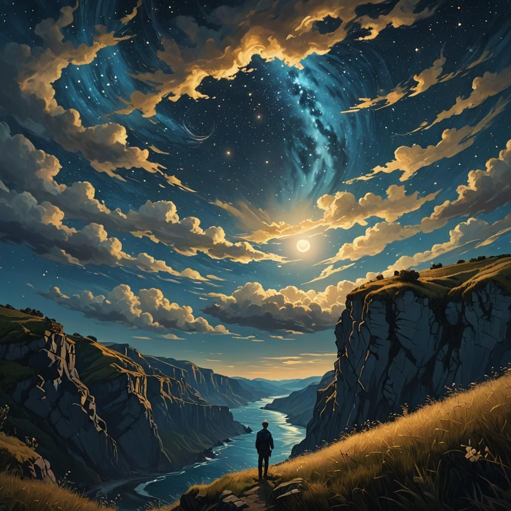 Starry Night Cliffside Scene in Magical Realism
