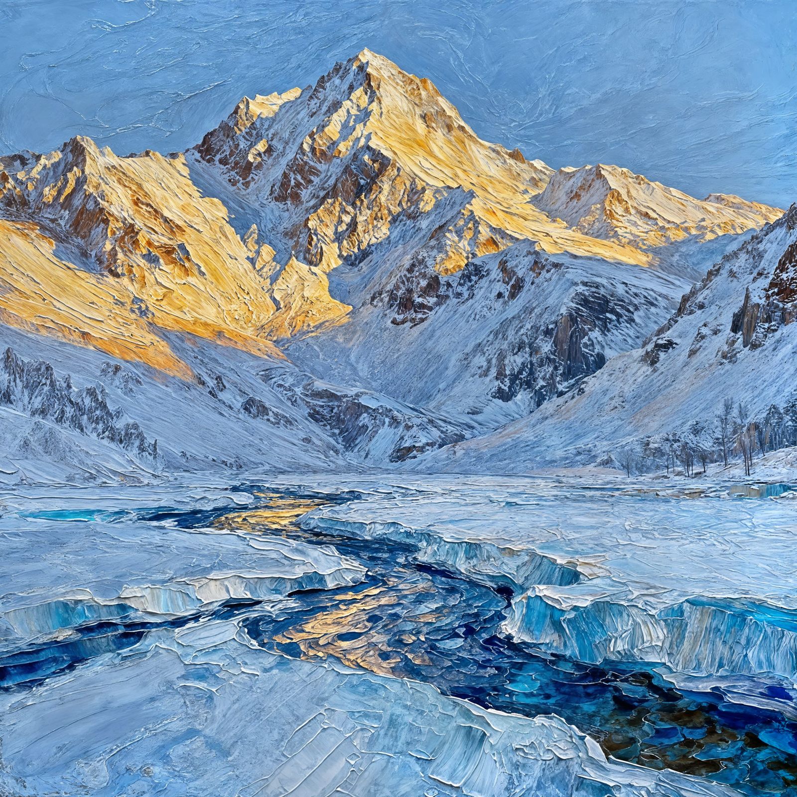 Impasto Landscape: Snowy Mountains and Frozen Streams