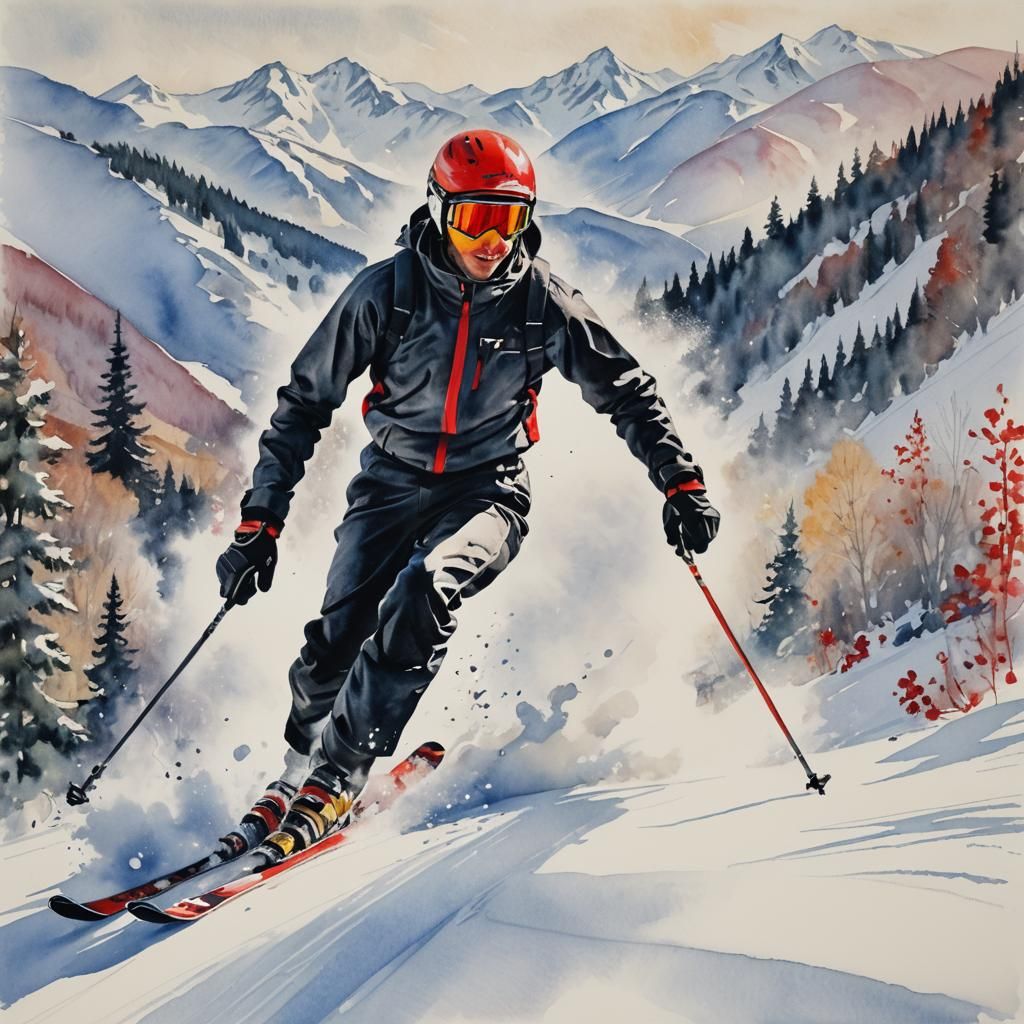 Skier Descends Mountain in Watercolor Style