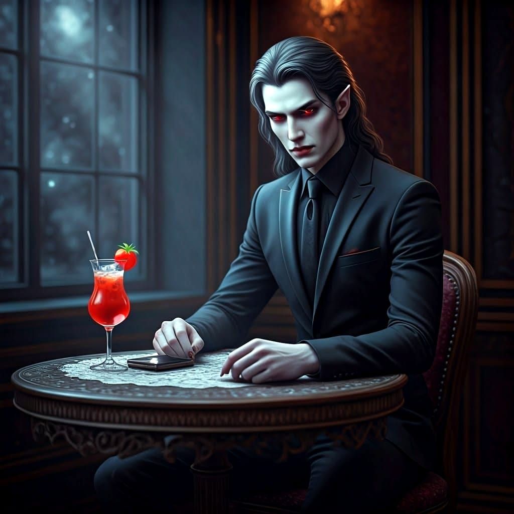 Elegant Vampire in Moonlit Cafe