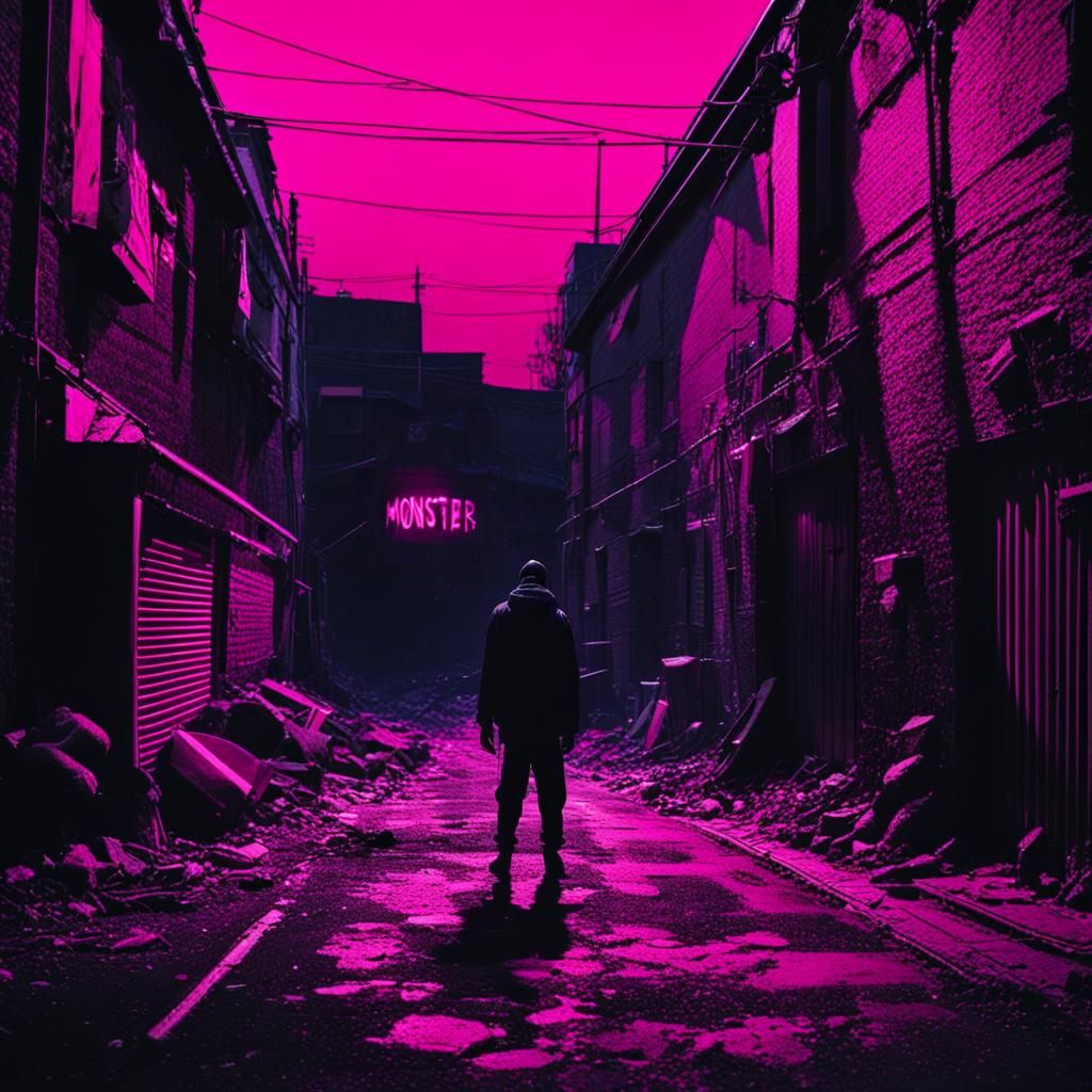 Ominous Dark Alleyway with Neon Sign