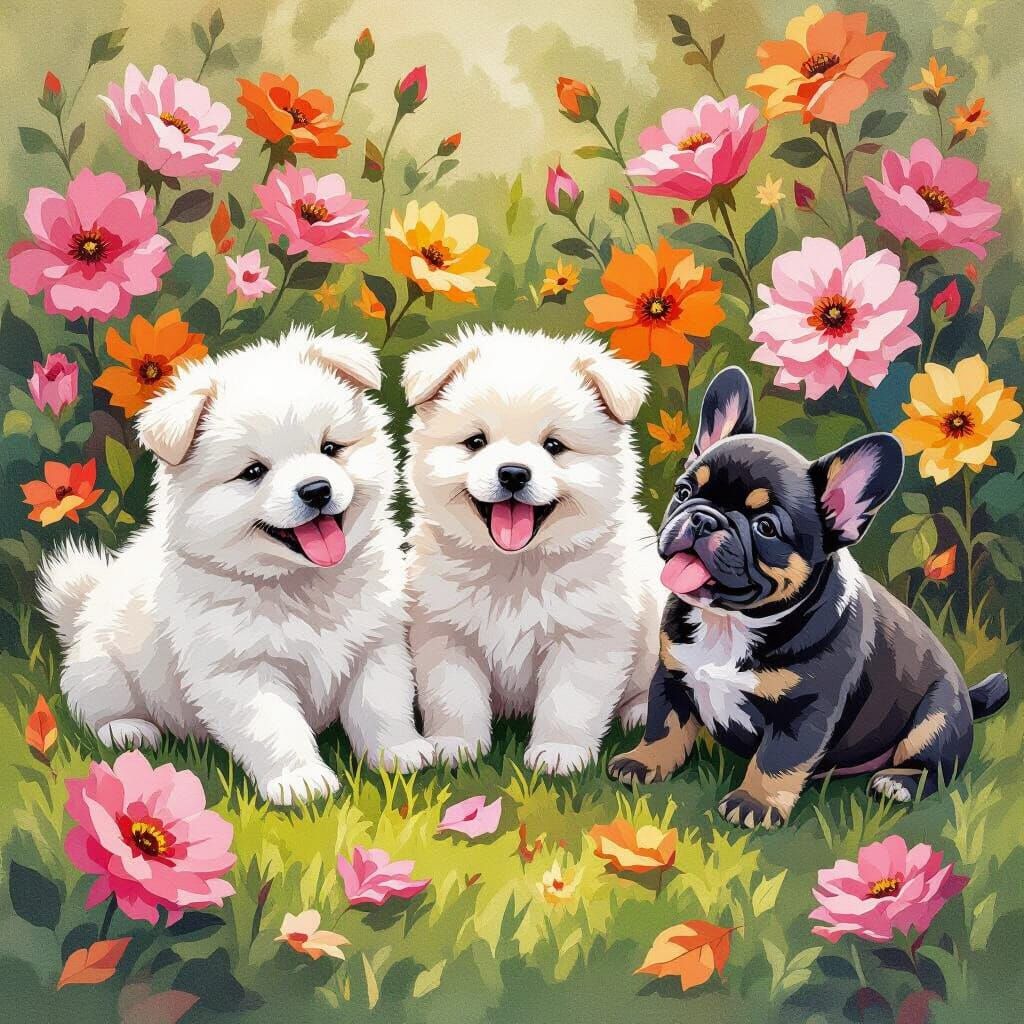 Samoyed and Frenchie Puppies Play in Flower-Filled Garden