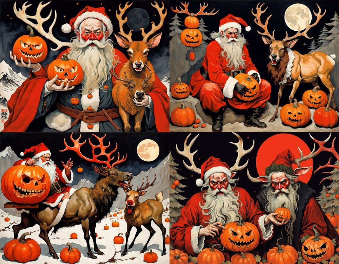 Ferocious Santa and Reindeer with Horror Pumpkins