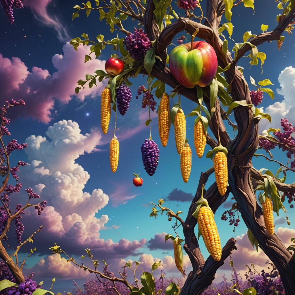 Surreal Corn Cob Apple in Ethereal Landscape