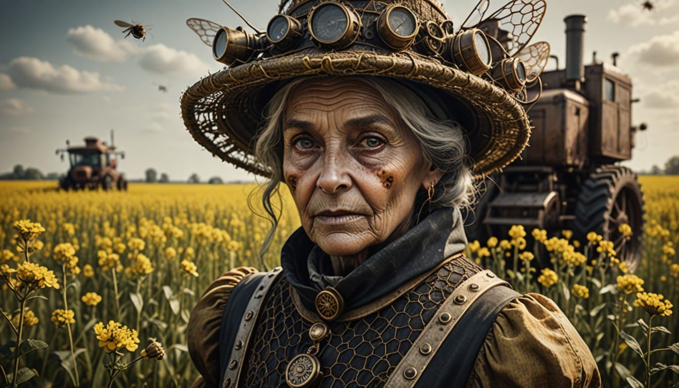Colossal Steampunk Grandmother Bee Chases Agricultural Machi...