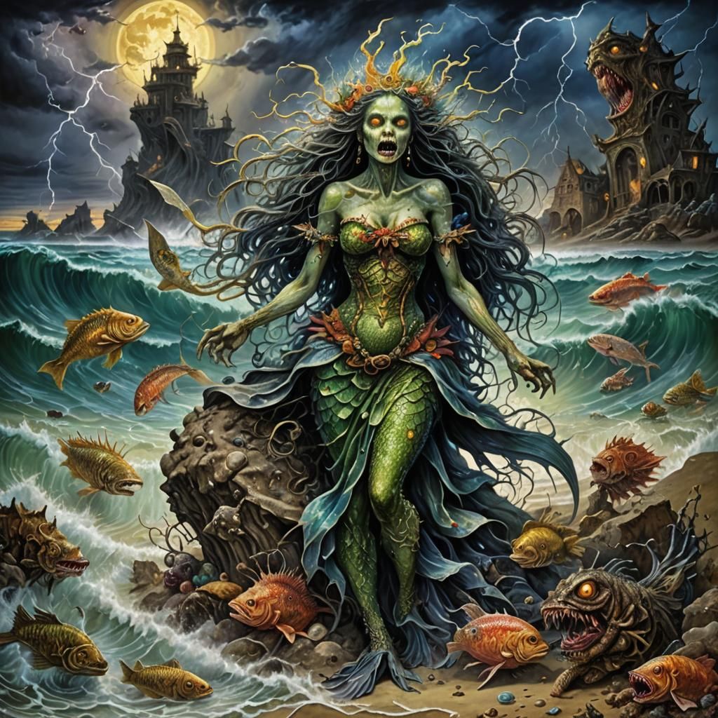 Zombie Mermaid Horror Poster in Gothic Art Nouveau Style