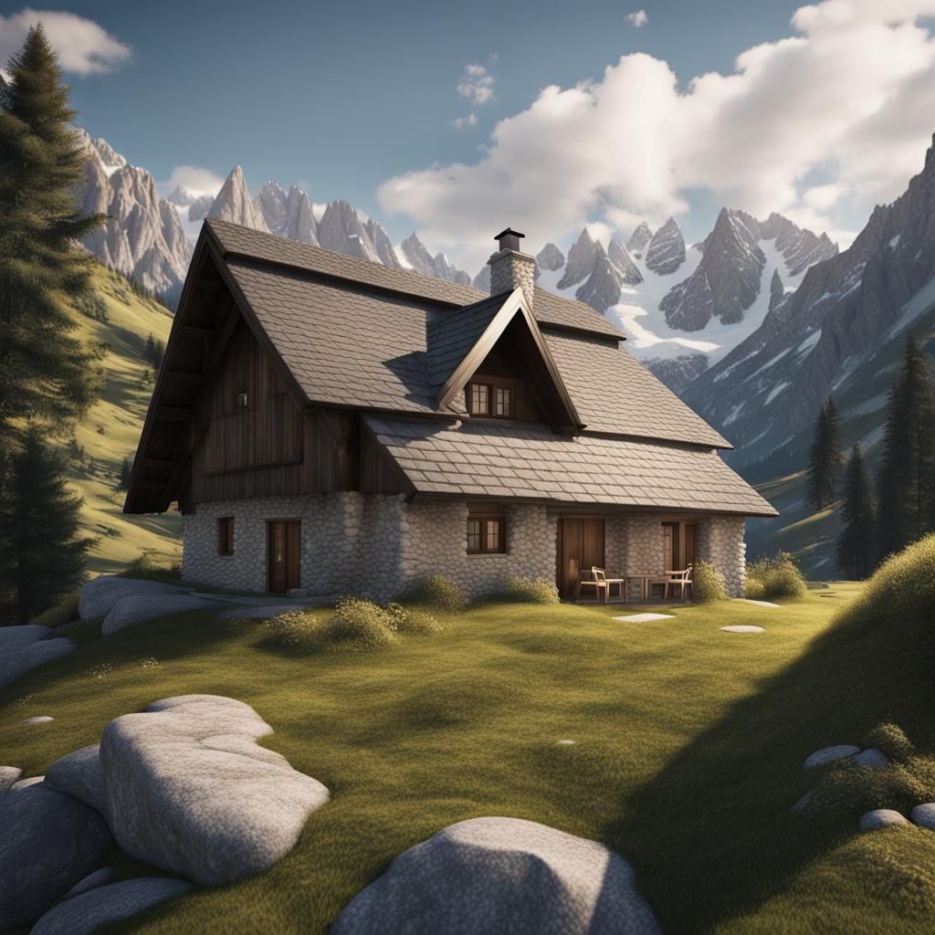 Hyperrealistic Swiss Cottage in the Mountains