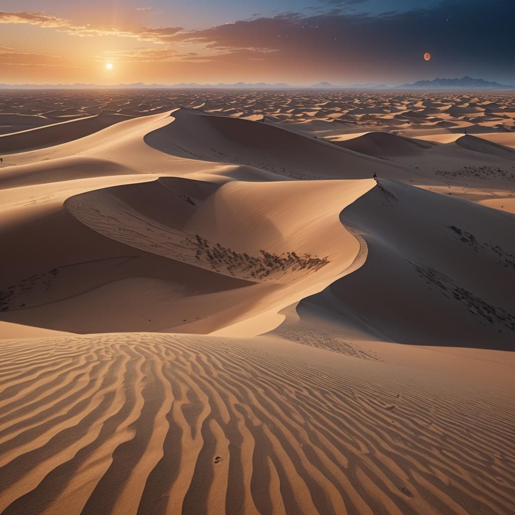 Dune Planet Sunset Under Starry Sky