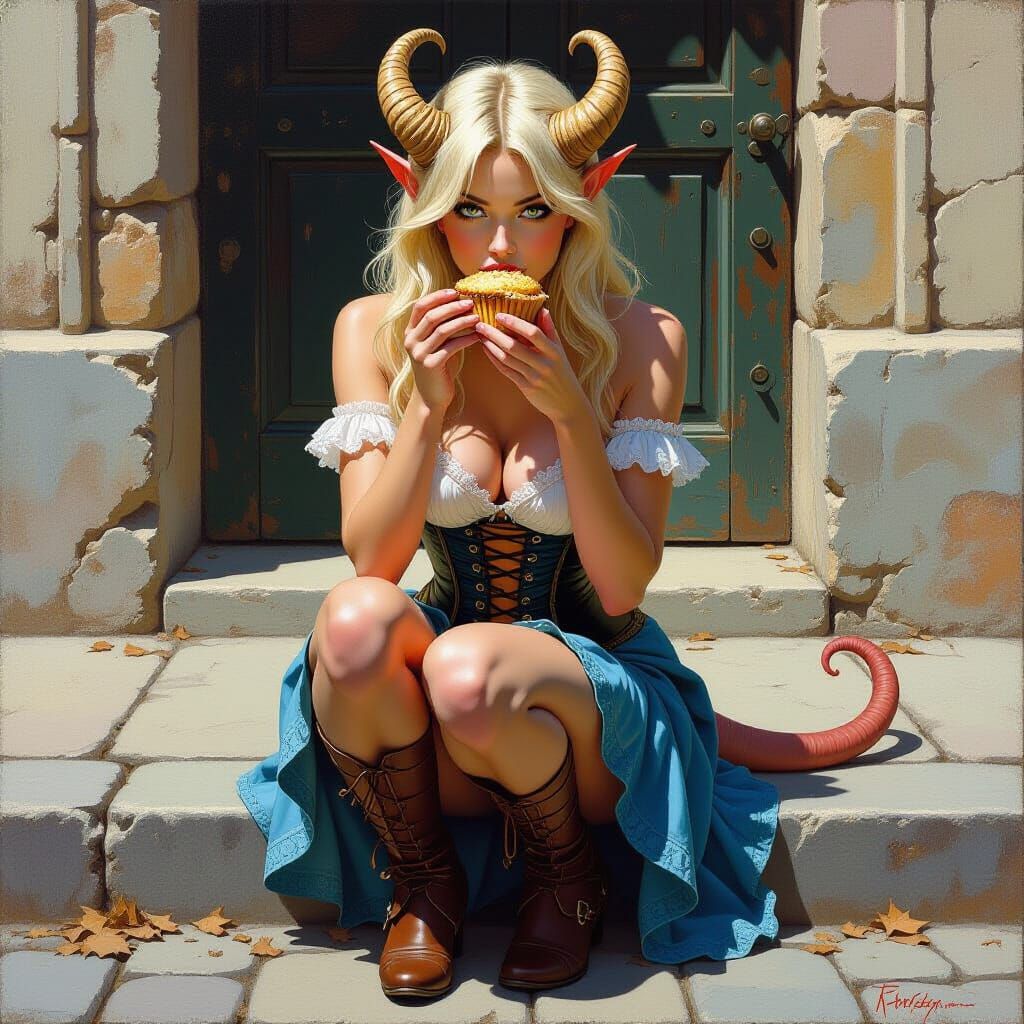 Fantasy Woman Enjoying a Muffin, Oil Painting Style