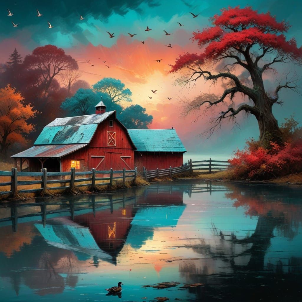 Whimsical Barn Scene at Sunset