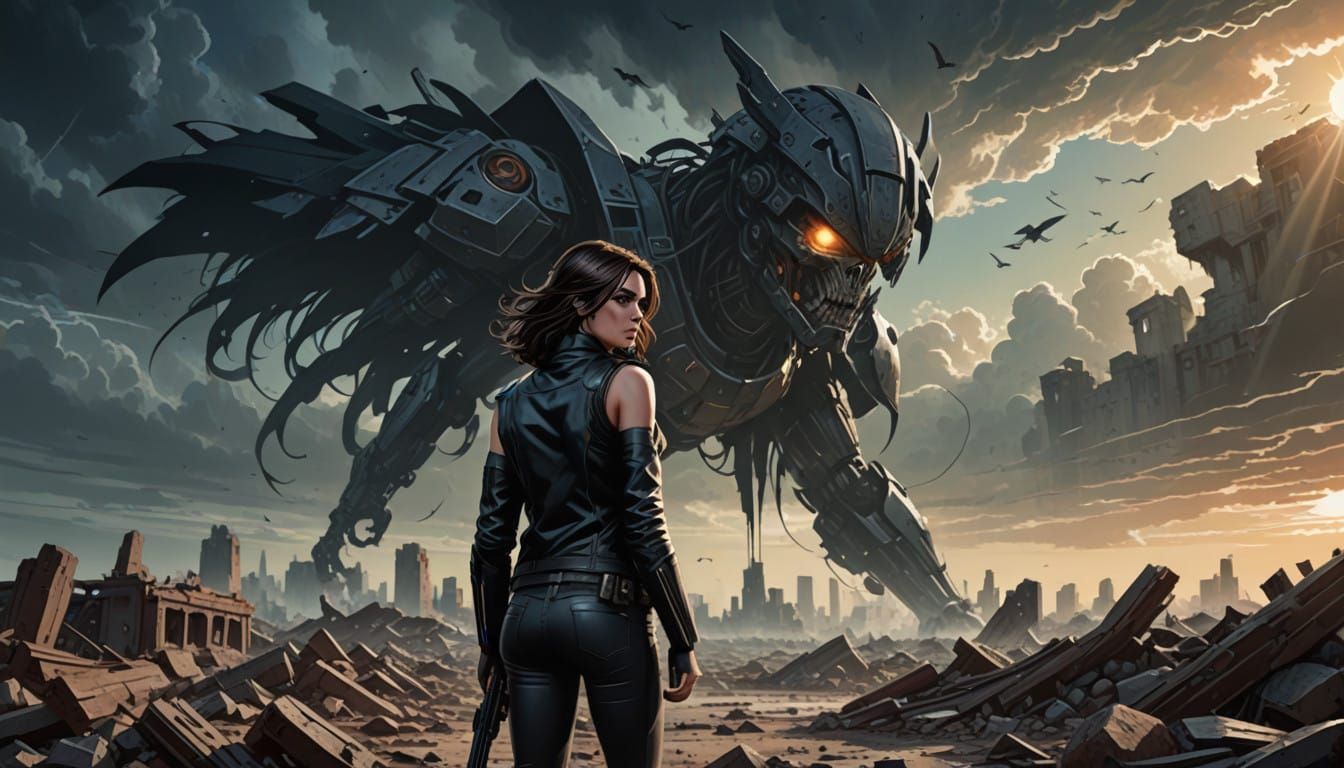 Gritty Post-Apocalyptic Warrior Woman in Black Leather Jacke...