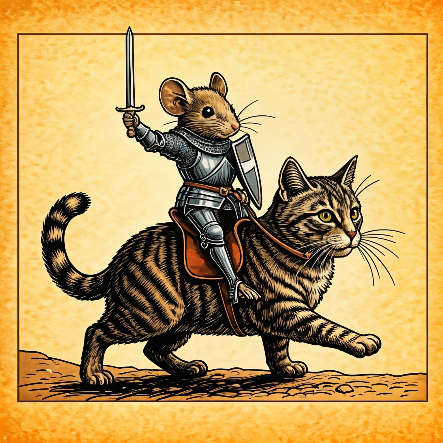 Medieval Mouse Knight Rides a Feline Steed